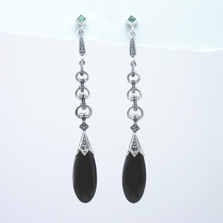Long Onyx, Marcasite and Emerald Earrings - Click Image to Close